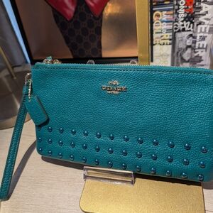 Coach Double Zip Laquer Rivets Leather Wristlet